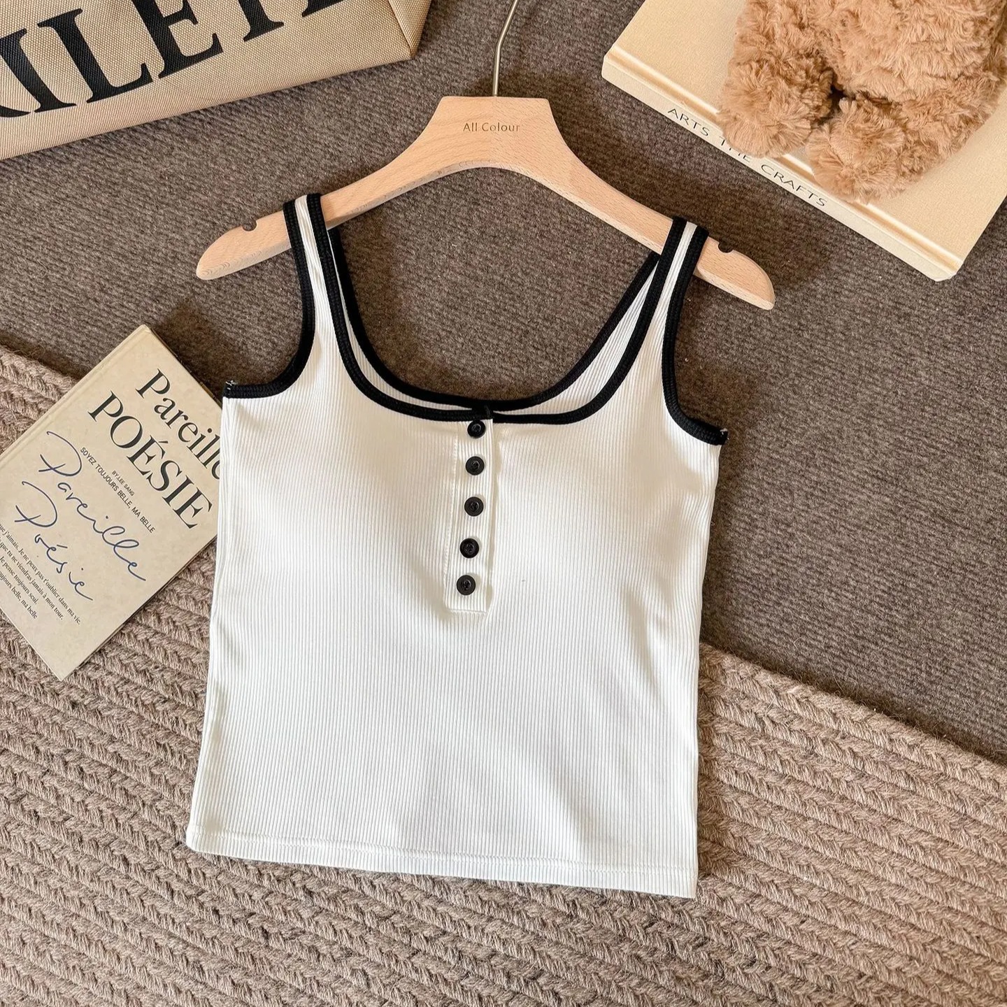 Trimmed Button-up Built-In Bra Camisole